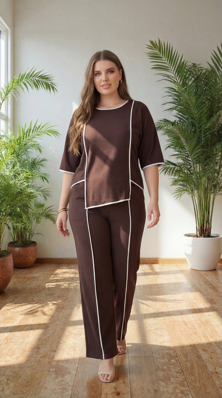 Premium Comfort Co-Ord Set for Women – Stylish Relaxed Fit Top & Straight Pants (Brown with Contrast Piping)