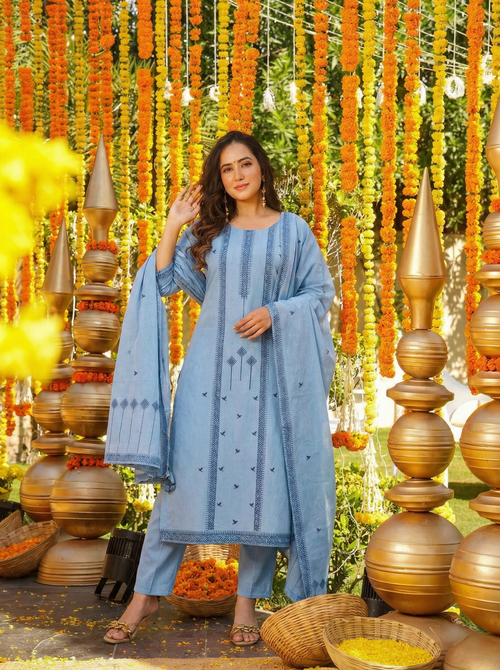 Pure Cotton Jacquard Work Kurti Pant Set with Dupatta