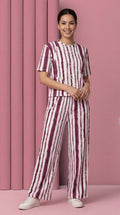 Trendy Women’s Printed Co-Ord Set – Half Sleeve Top & Wide Leg Pants (Maroon & White Striped Lounge Wear Set)