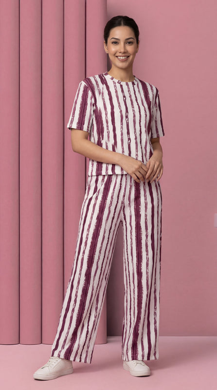 Trendy Women’s Printed Co-Ord Set – Half Sleeve Top & Wide Leg Pants (Maroon & White Striped Lounge Wear Set)