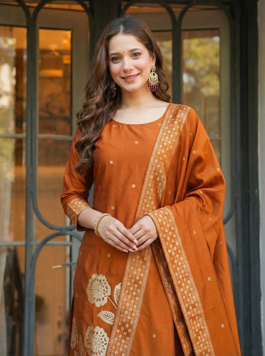Elegant Rust Orange Art Silk Jacquard Suit Set with Dupatta | Festive Ethnic Wear for Women