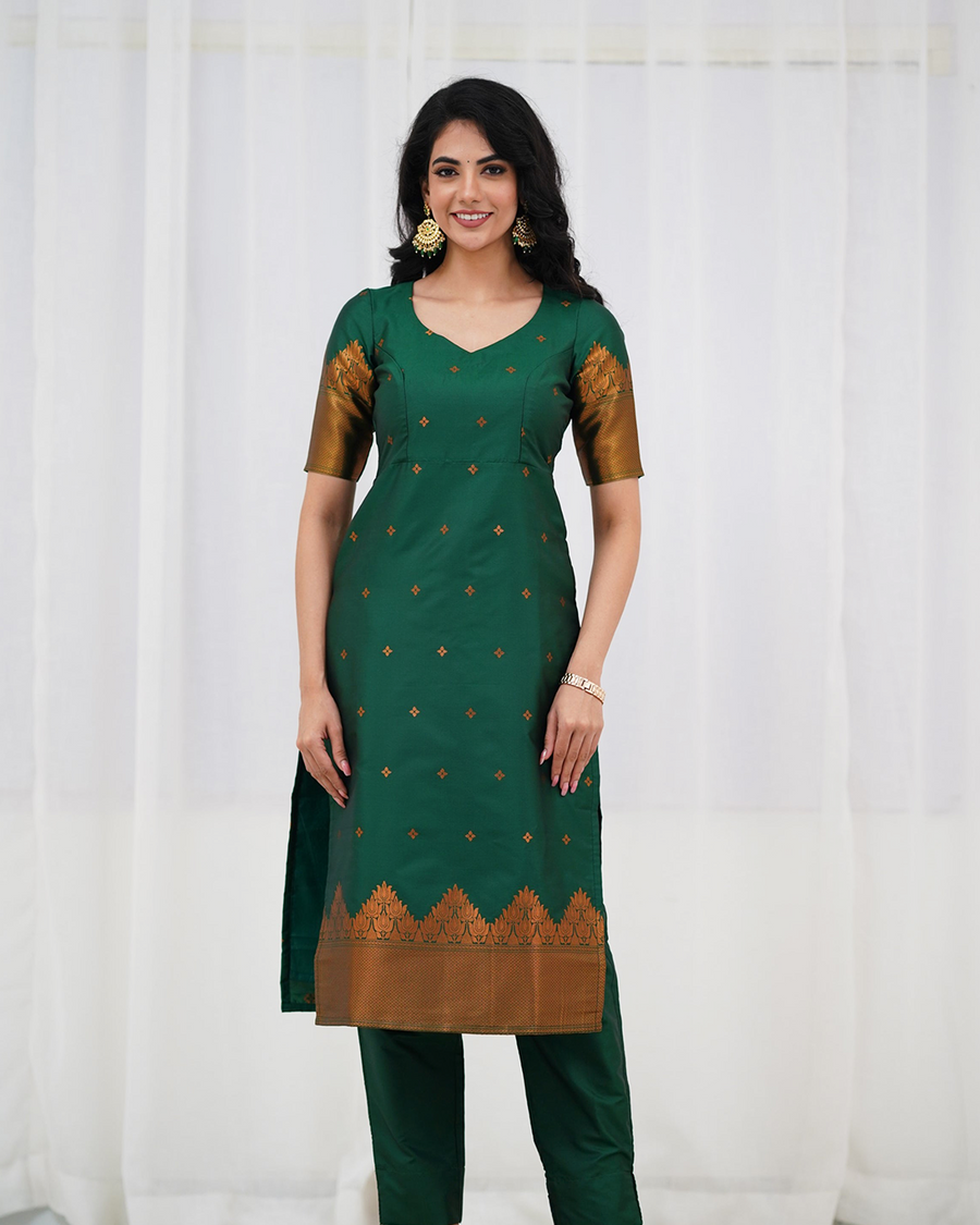 Elegant Green Silk Kurta Set with Zari Work & Dupatta | Festive Ethnic Wear for Women