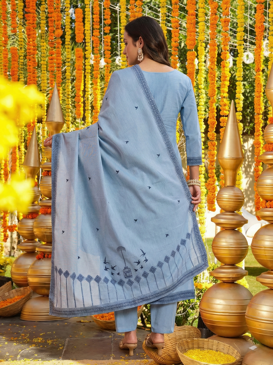 Pure Cotton Jacquard Work Kurti Pant Set with Dupatta