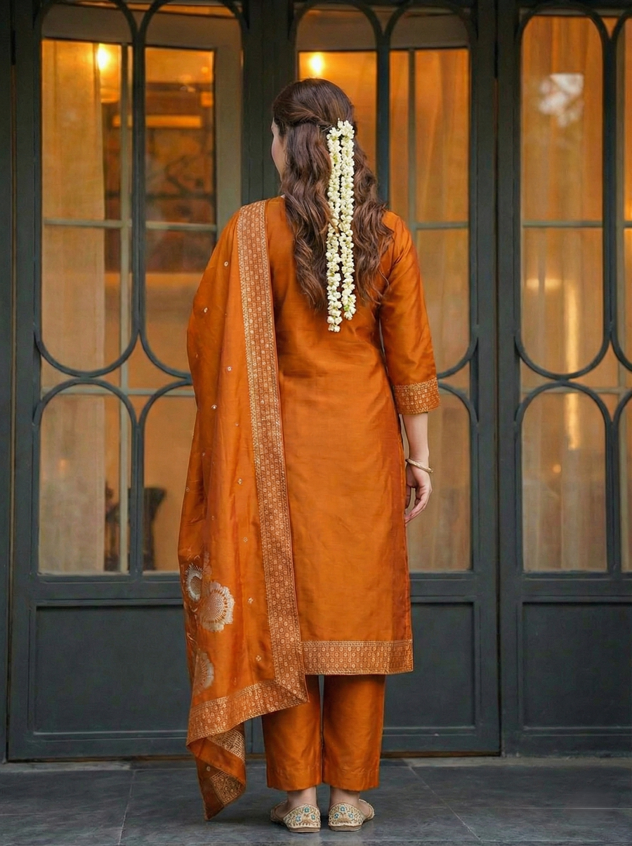 Elegant Rust Orange Art Silk Jacquard Suit Set with Dupatta | Festive Ethnic Wear for Women
