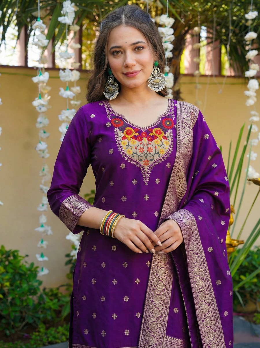 Art Silk Jacquard Designer Kurti Pant Set with Rich Dupatta