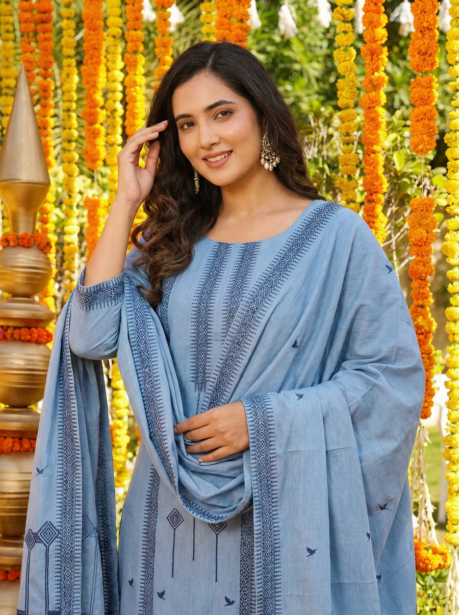 Pure Cotton Jacquard Work Kurti Pant Set with Dupatta