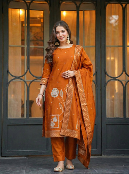 Elegant Rust Orange Art Silk Jacquard Suit Set with Dupatta | Festive Ethnic Wear for Women
