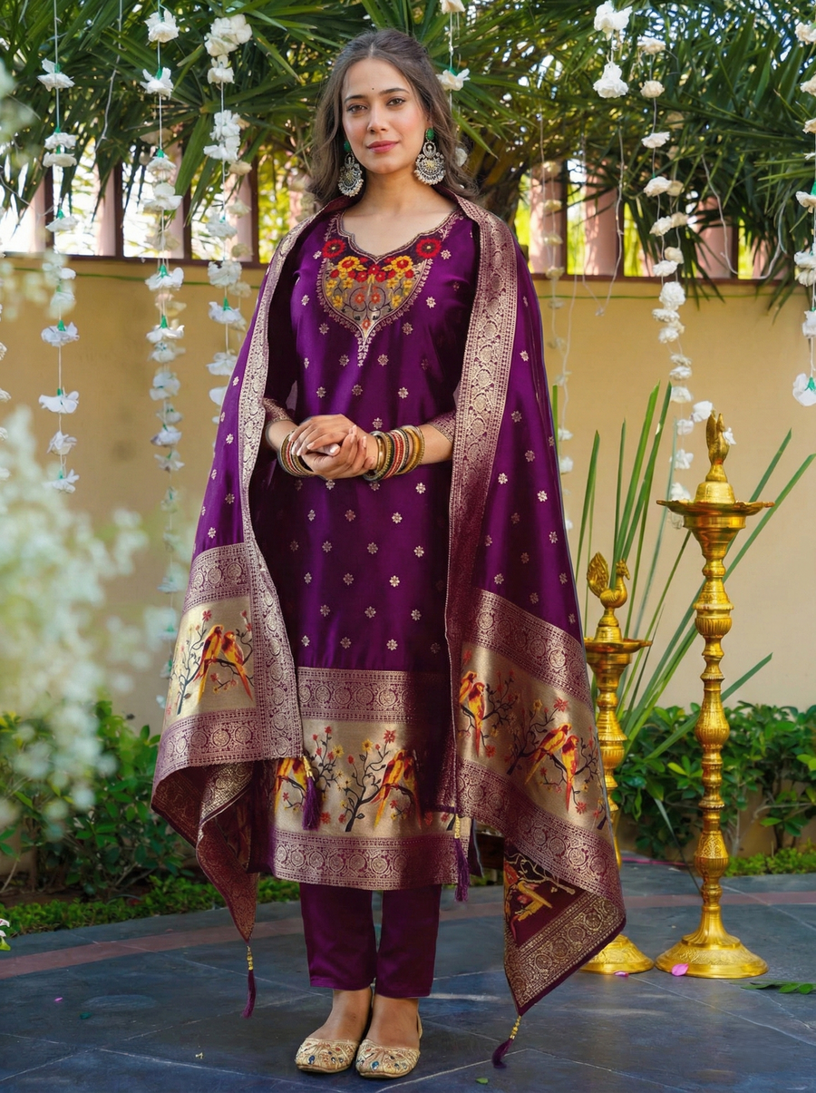 Art Silk Jacquard Designer Kurti Pant Set with Rich Dupatta