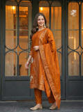 Elegant Rust Orange Art Silk Jacquard Suit Set with Dupatta | Festive Ethnic Wear for Women