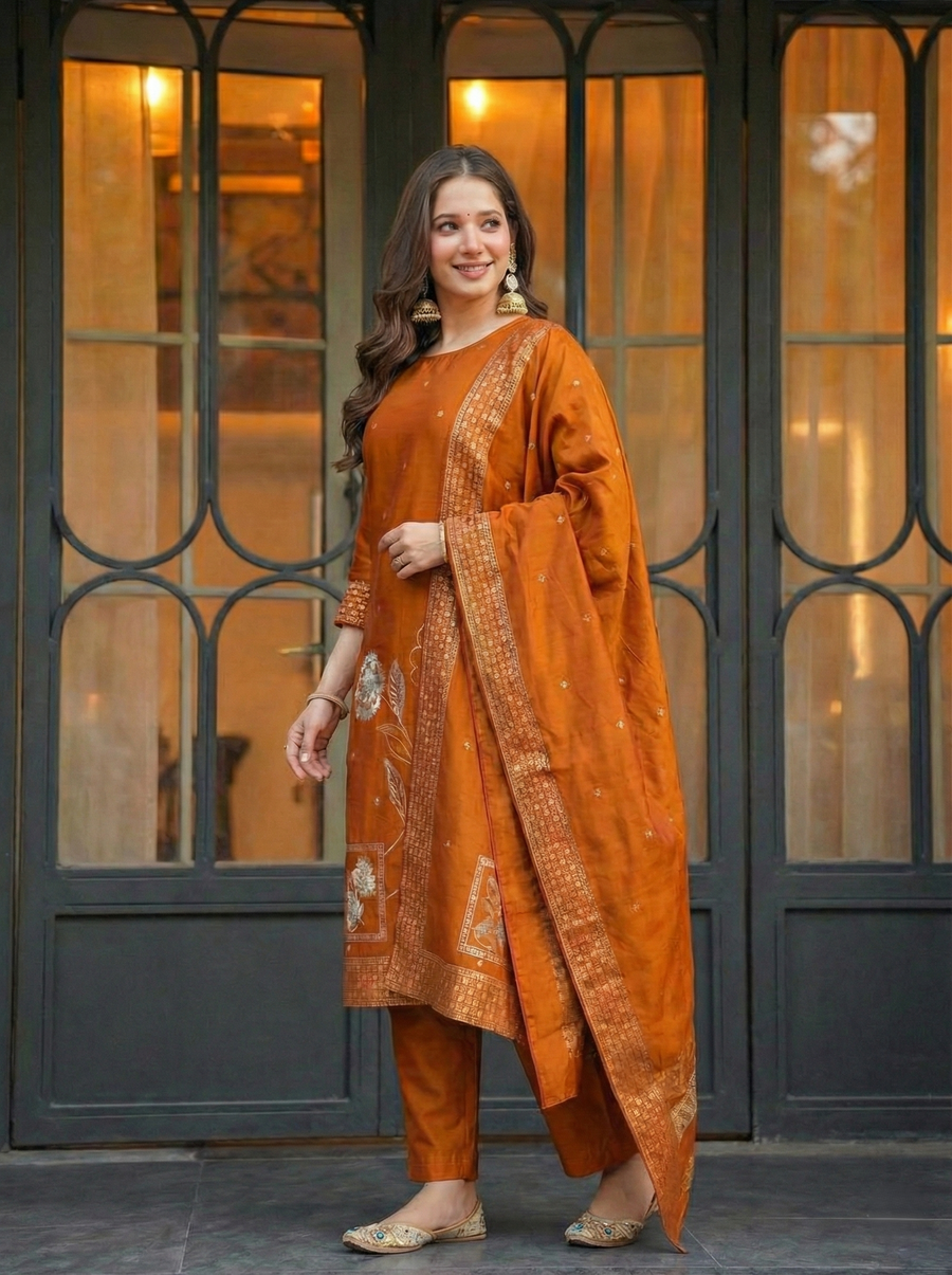 Elegant Rust Orange Art Silk Jacquard Suit Set with Dupatta | Festive Ethnic Wear for Women