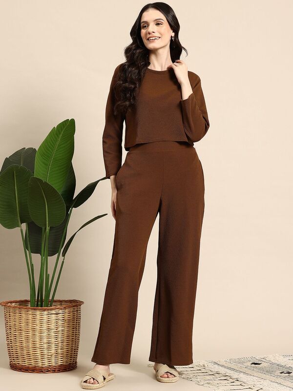 Elegant Brown Co-ord Set for Women | Full Sleeve Top & Wide Leg Pants