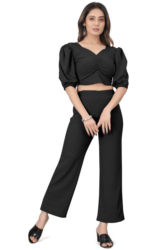 Stylish Black Co-ord Set for Women | Puff Sleeve Crop Top & Wide Leg Pants