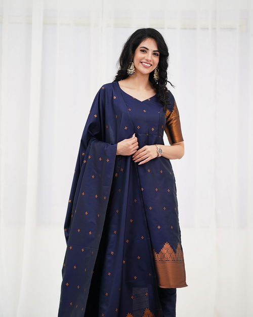 Elegant Navy Blue Silk Kurta Set with Zari Work & Dupatta | Festive Ethnic Wear for Women