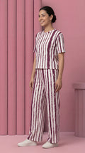Trendy Women’s Printed Co-Ord Set – Half Sleeve Top & Wide Leg Pants (Maroon & White Striped Lounge Wear Set)