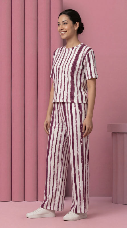 Trendy Women’s Printed Co-Ord Set – Half Sleeve Top & Wide Leg Pants (Maroon & White Striped Lounge Wear Set)