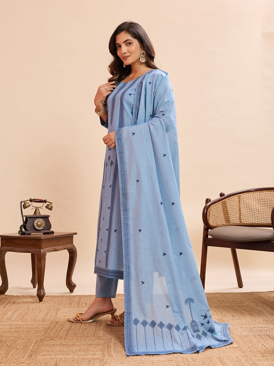 Pure Cotton Jacquard Work Kurti Pant Set with Dupatta