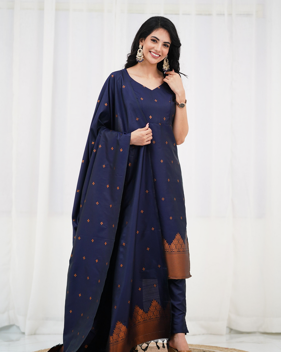 Elegant Navy Blue Silk Kurta Set with Zari Work & Dupatta | Festive Ethnic Wear for Women