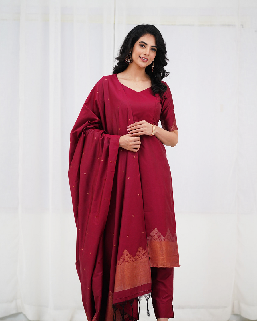 Elegant Maroon Silk Kurta Set with Zari Work & Dupatta | Festive Ethnic Wear for Women