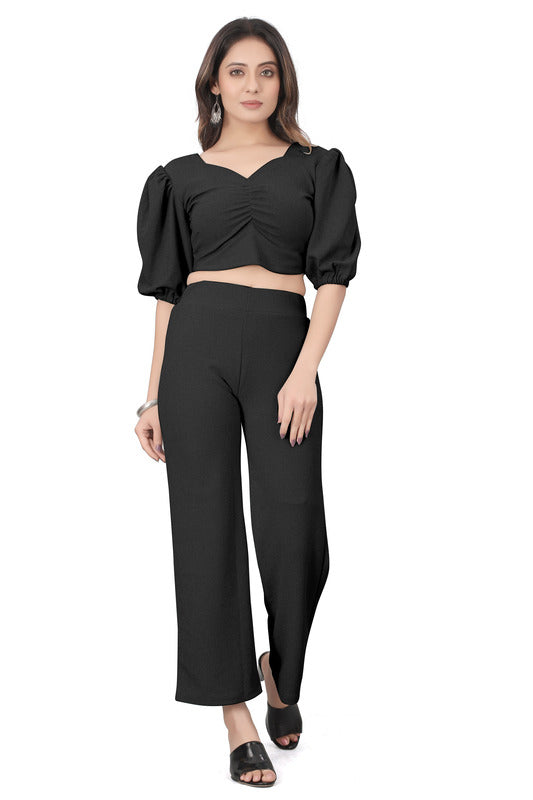 Stylish Black Co-ord Set for Women | Puff Sleeve Crop Top & Wide Leg Pants