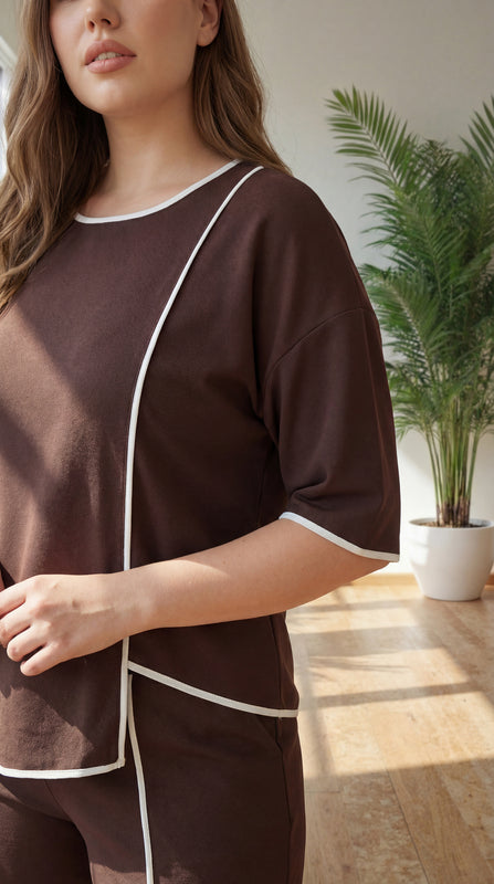 Premium Comfort Co-Ord Set for Women – Stylish Relaxed Fit Top & Straight Pants (Brown with Contrast Piping)