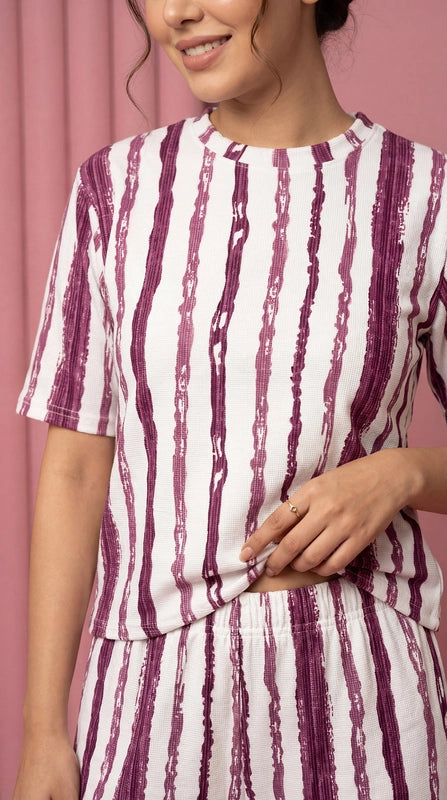 Trendy Women’s Printed Co-Ord Set – Half Sleeve Top & Wide Leg Pants (Maroon & White Striped Lounge Wear Set)