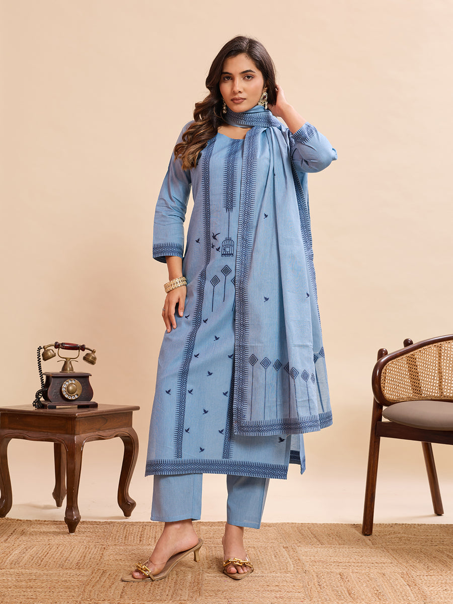 Pure Cotton Jacquard Work Kurti Pant Set with Dupatta