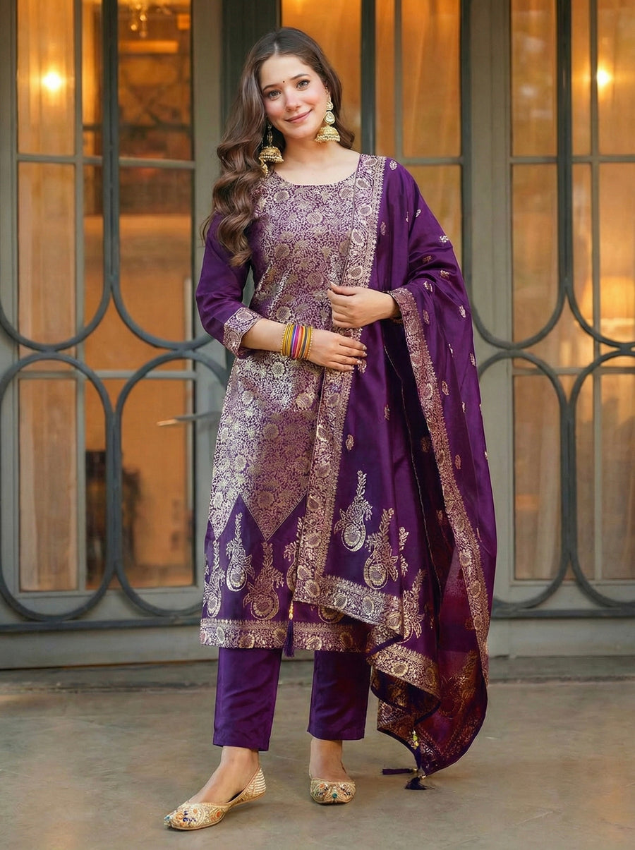 Luxury Purple Art Silk Jacquard Suit Set with Dupatta | Designer Ethnic Wear for Women