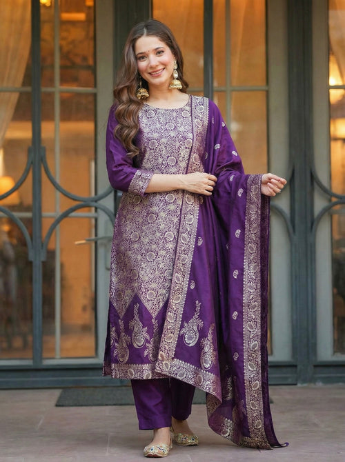 Luxury Purple Art Silk Jacquard Suit Set with Dupatta | Designer Ethnic Wear for Women