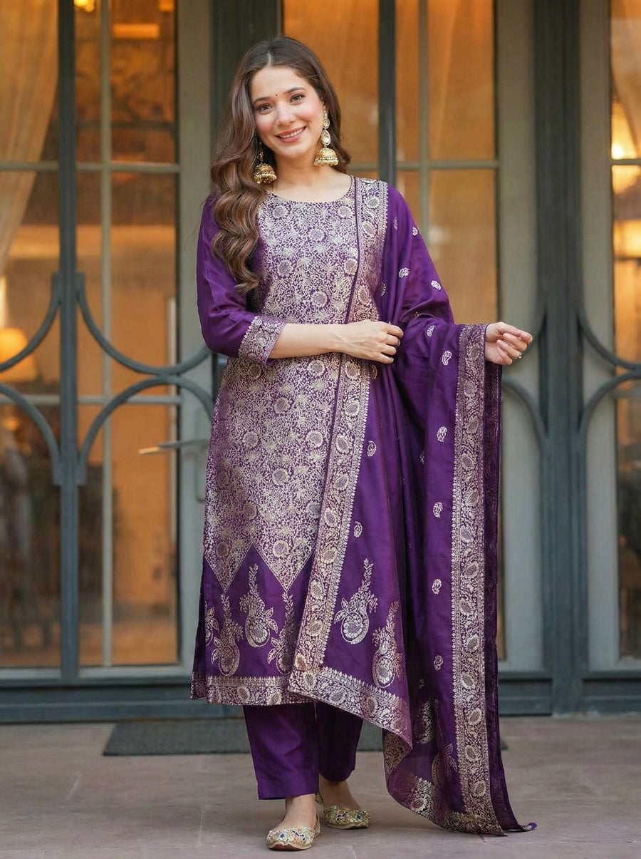 Luxury Purple Art Silk Jacquard Suit Set with Dupatta | Designer Ethnic Wear for Women