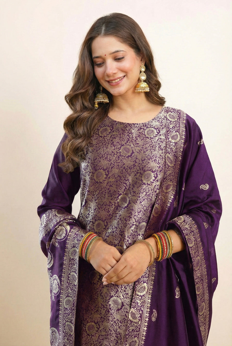 Luxury Purple Art Silk Jacquard Suit Set with Dupatta | Designer Ethnic Wear for Women