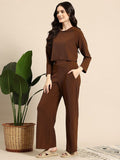 Elegant Brown Co-ord Set for Women | Full Sleeve Top & Wide Leg Pants