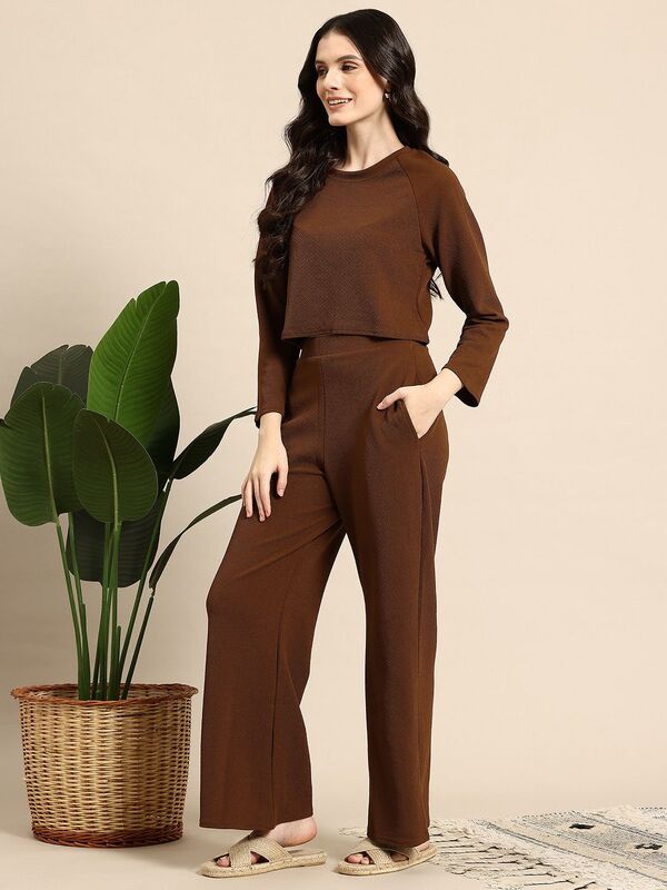 Elegant Brown Co-ord Set for Women | Full Sleeve Top & Wide Leg Pants