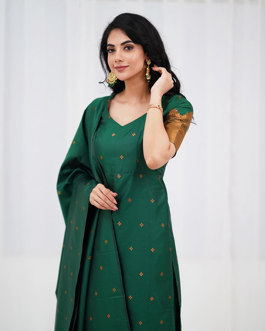 Elegant Green Silk Kurta Set with Zari Work & Dupatta | Festive Ethnic Wear for Women