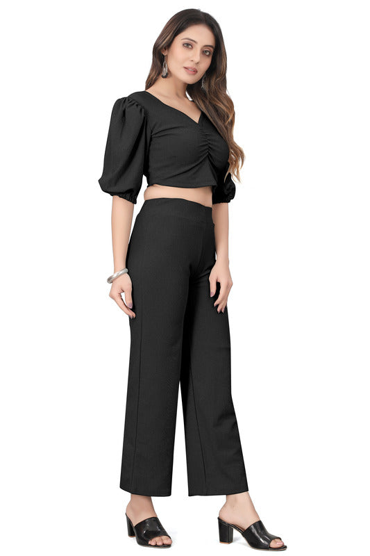 Stylish Black Co-ord Set for Women | Puff Sleeve Crop Top & Wide Leg Pants