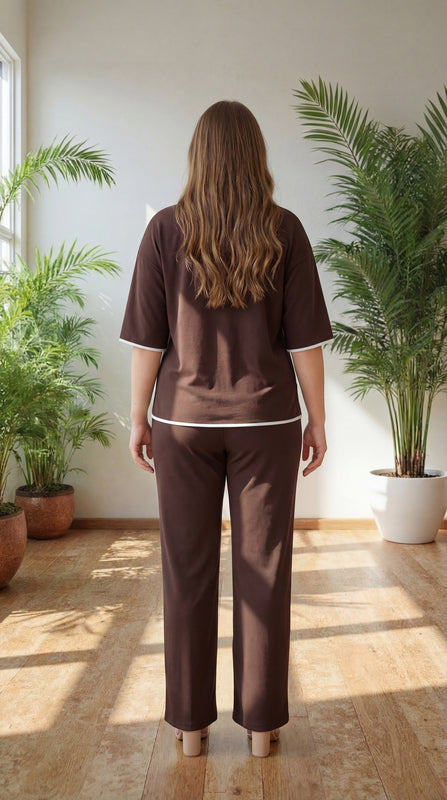 Premium Comfort Co-Ord Set for Women – Stylish Relaxed Fit Top & Straight Pants (Brown with Contrast Piping)