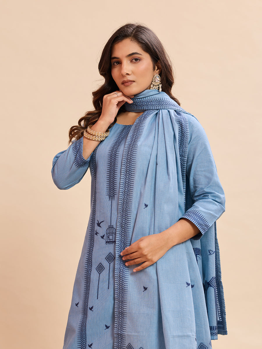 Pure Cotton Jacquard Work Kurti Pant Set with Dupatta