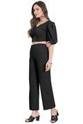 Stylish Black Co-ord Set for Women | Puff Sleeve Crop Top & Wide Leg Pants