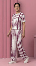 Trendy Women’s Printed Co-Ord Set – Half Sleeve Top & Wide Leg Pants (Maroon & White Striped Lounge Wear Set)