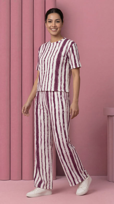 Trendy Women’s Printed Co-Ord Set – Half Sleeve Top & Wide Leg Pants (Maroon & White Striped Lounge Wear Set)