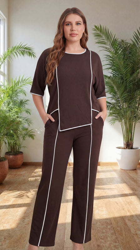 Premium Comfort Co-Ord Set for Women – Stylish Relaxed Fit Top & Straight Pants (Brown with Contrast Piping)