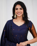 Elegant Navy Blue Silk Kurta Set with Zari Work & Dupatta | Festive Ethnic Wear for Women