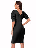 Elegant Black & White Bodycon Dress for Women | Puff Sleeve Formal Midi Dress