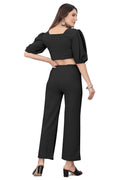 Stylish Black Co-ord Set for Women | Puff Sleeve Crop Top & Wide Leg Pants