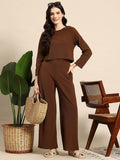 Elegant Brown Co-ord Set for Women | Full Sleeve Top & Wide Leg Pants