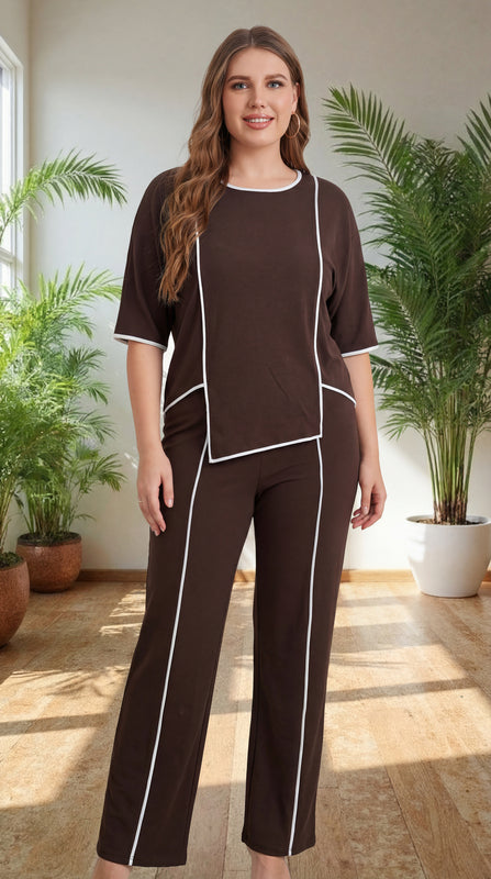 Premium Comfort Co-Ord Set for Women – Stylish Relaxed Fit Top & Straight Pants (Brown with Contrast Piping)
