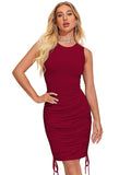 Burgundy Ruched Bodycon Midi Dress with Sleeveless Crew Neck & Adjustable Side Drawstring