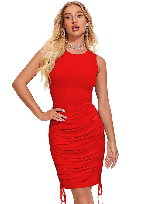 Elegant Sleeveless Ruched Bodycon Red Dress for Women – Adjustable Drawstring Party Wear Midi Dress