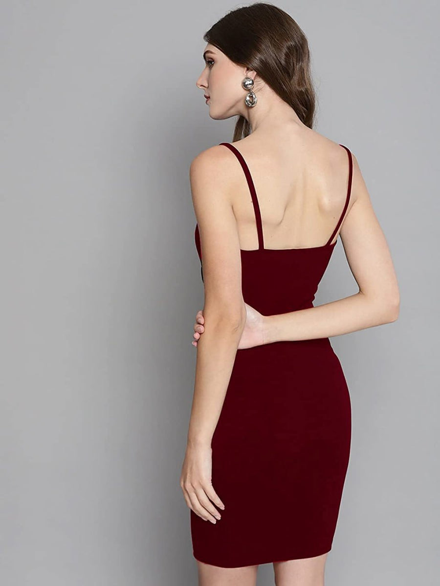 Women’s Burgundy Bodycon Mini Dress – Elegant Sleeveless Spaghetti Strap Ruched Party Wear