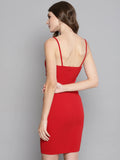 Women’s Red Bodycon Mini Dress – Spaghetti Strap Sleeveless Ruched Slim Fit Party Dress
