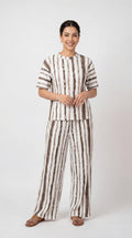 Trendy Women’s Printed Co-Ord Set – Half Sleeve Top & Wide Leg Pants (Maroon & White Striped Lounge Wear Set)